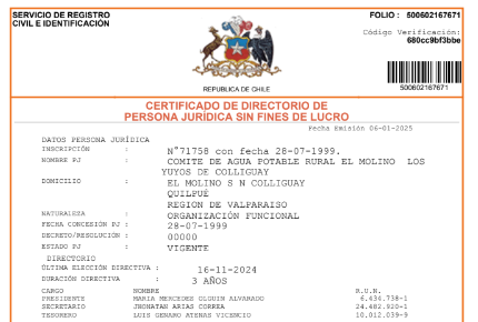 Servicio Registro Civil emite Certificado de Directorio de Persona Jurídica sin Fines de Lucro